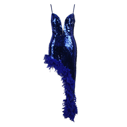 Women's Fashion Temperament Commute Sequined Feather French Strap Dress