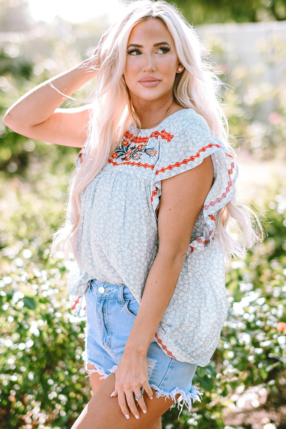 Sky Blue Boho Embroidered Floral Print Flutter Sleeve Blouse