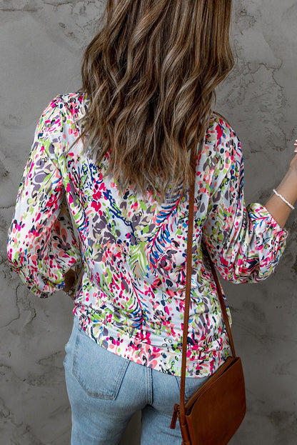 Blue Floral Print Puffy Sleeve Loose Blouse