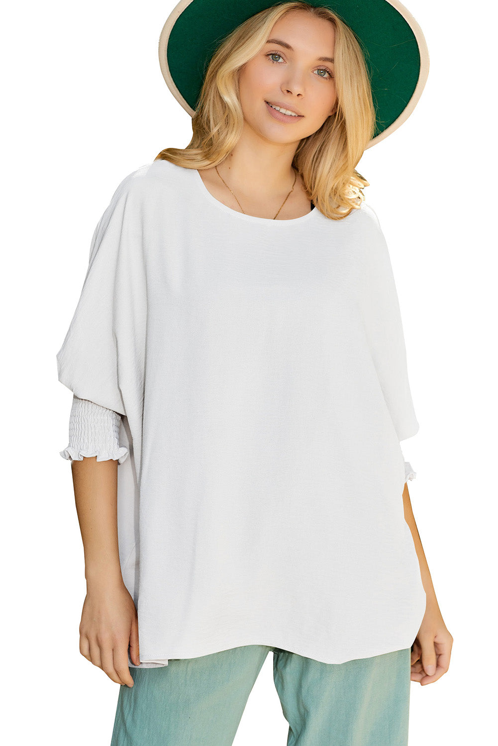 White Plain & Casual Shirred Cuffs Half Sleeve Top