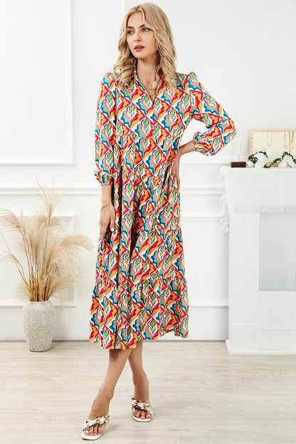 Abstract Geometric Print Long Sleeve High Waist Dress