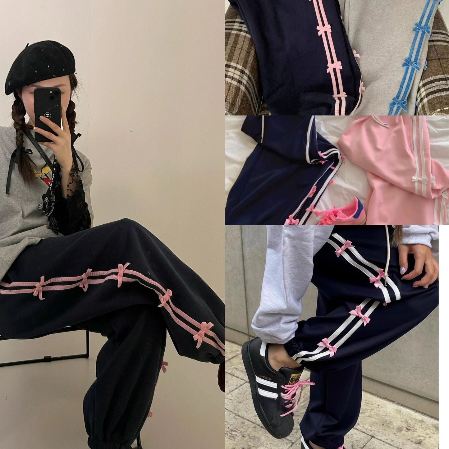 Pantalones deportivos casuales de felpa con línea de lazo