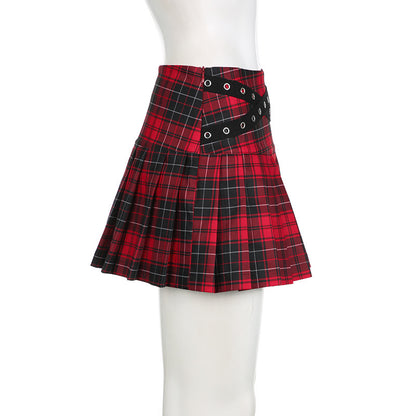 Women's Woven Belt Patchwork Plaid Pleated Skirt