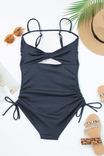 Coffee Side Drawstring Cutout Ribbed One Piece Swimsuit