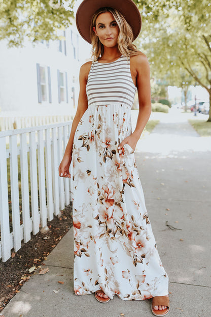 Robe débardeur blanche à rayures bohème et imprimé floral longueur au sol