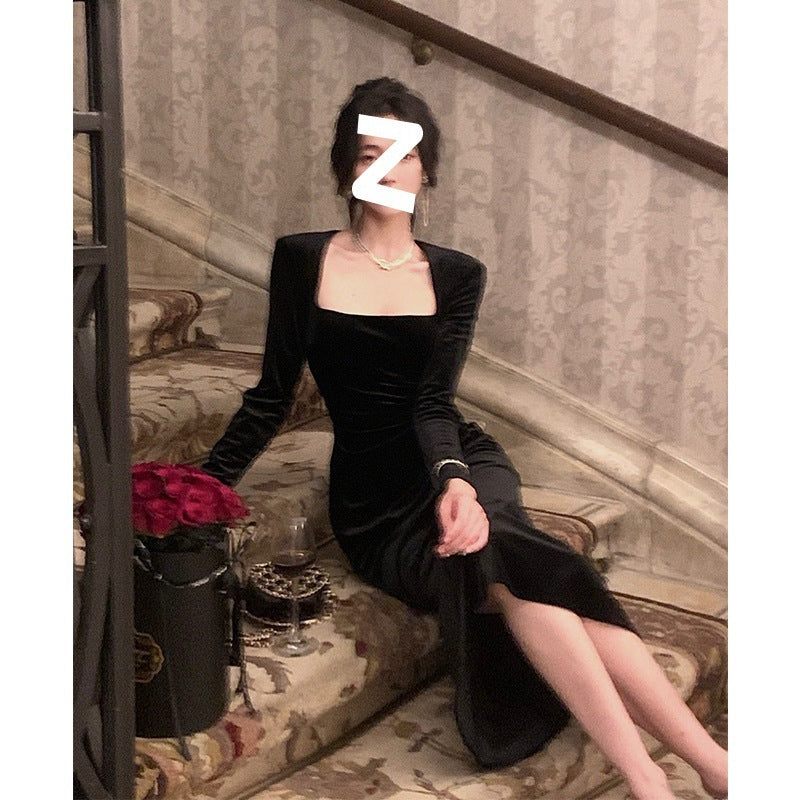 Daily Improvement Shoulder Pad Black Velvet Dress