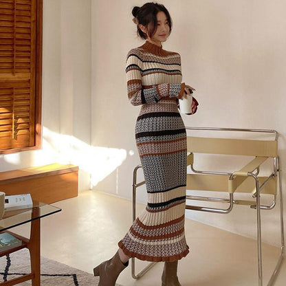 Slim Fit Long Knitted Colorblock Sweater Base Dress