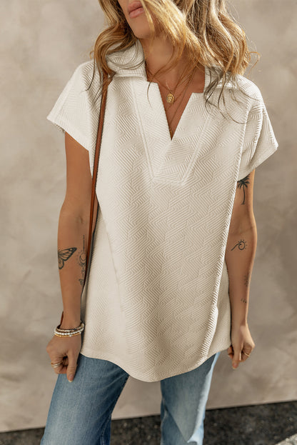 White Textured V Neck Collared Split Hem T Shirt