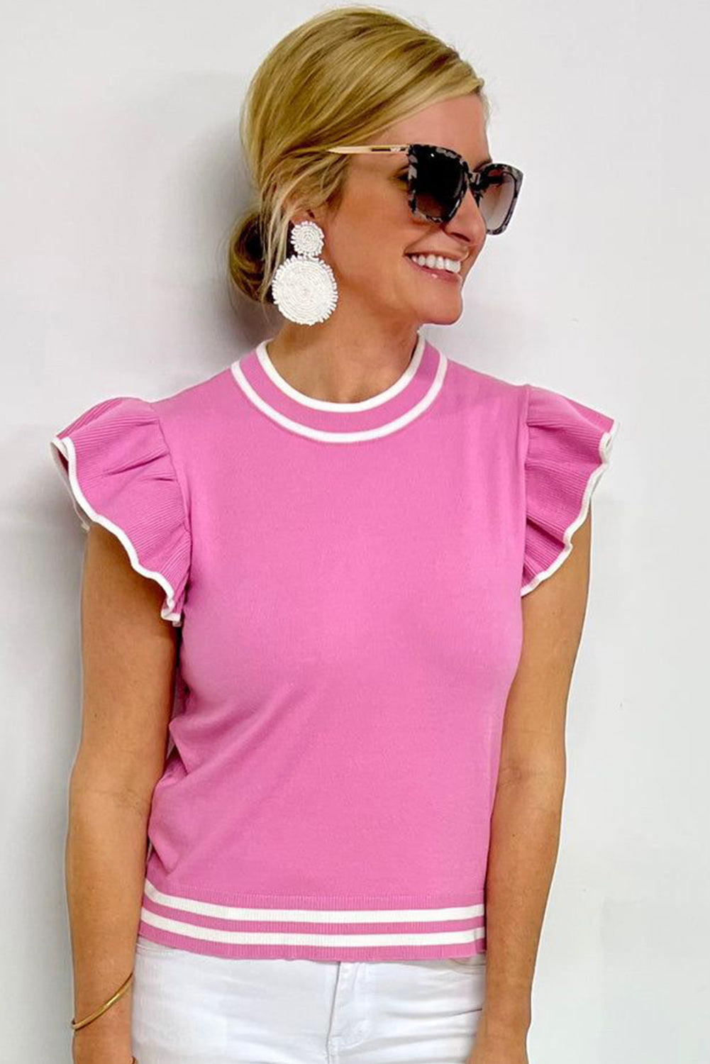 Blusa de punto con mangas con volantes y ribete en contraste Bonbon