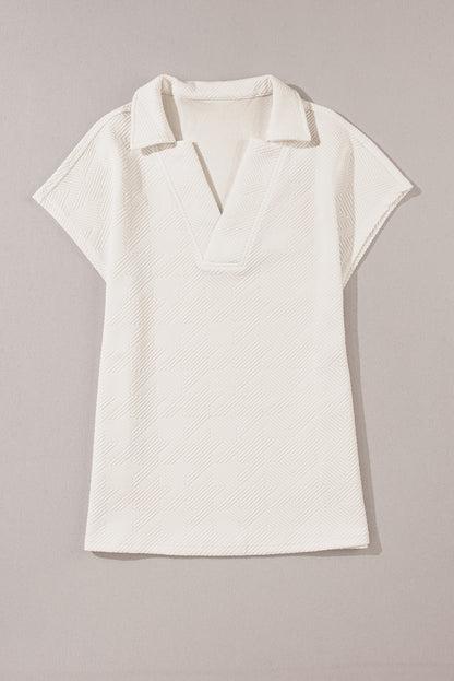 White Textured V Neck Collared Split Hem T Shirt