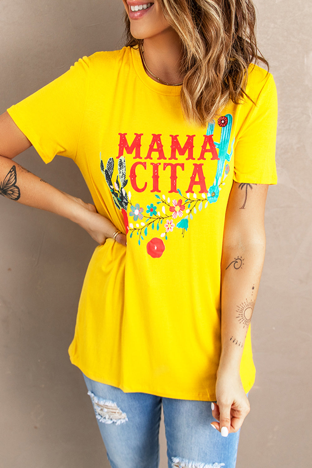 Yellow Mamacita Crew Neck Graphic Tee for Women