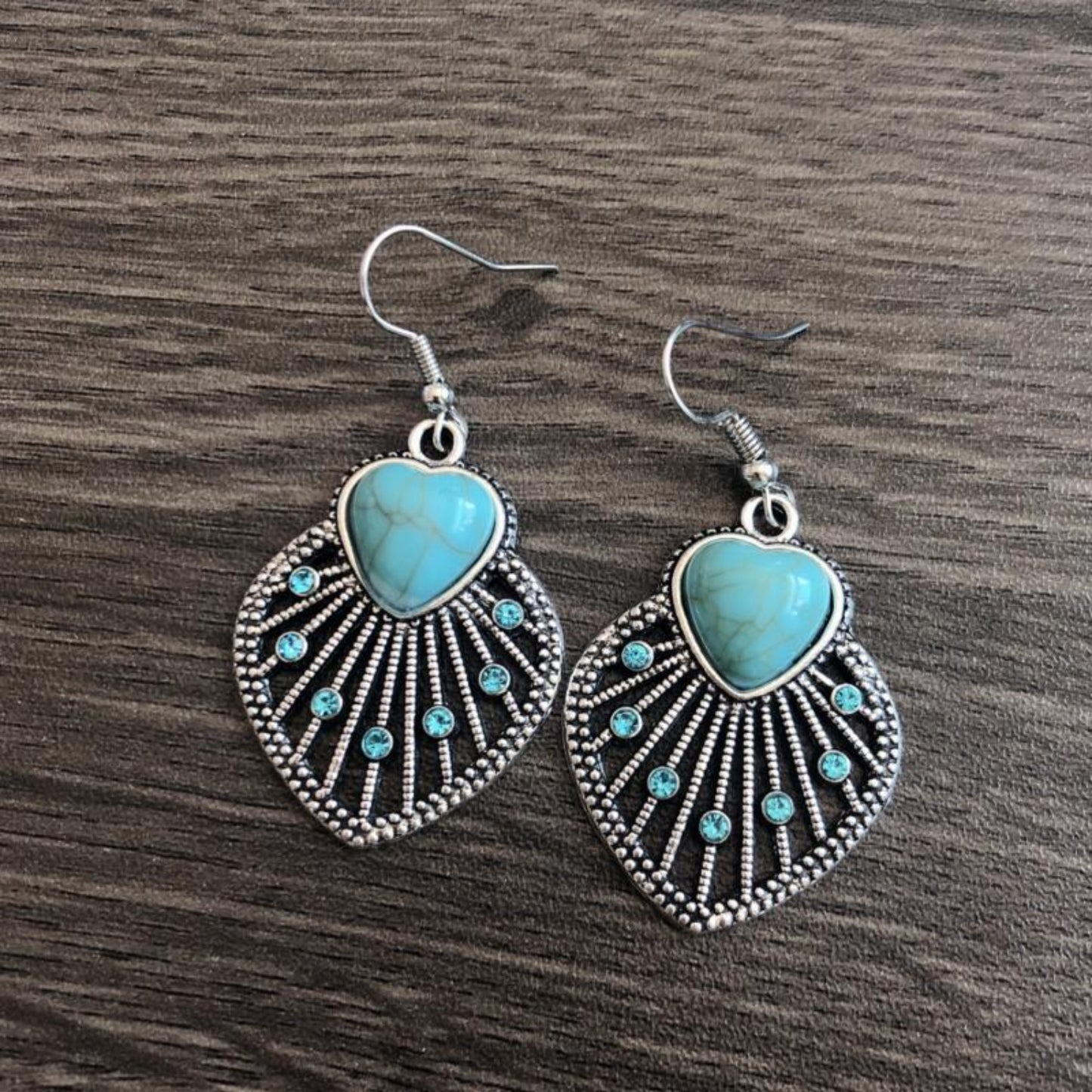 Boucles d'oreilles en forme de coeur et de feuille en strass turquoise artificiel