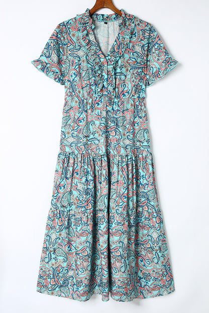 Robe longue à volants et à plusieurs niveaux style bohème imprimé cachemire bleu ciel