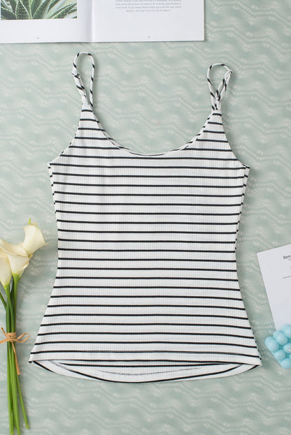 White Stripe Adjustable Straps Ribbed Knit Cami Top