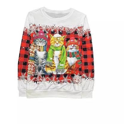 European And American Christmas Cat Printing Crew Neck Pullover Sweatshirt