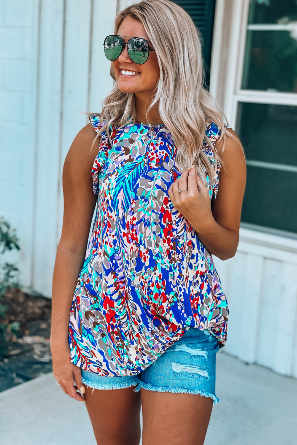 Blue Floral Print Tank Top with Ruffles