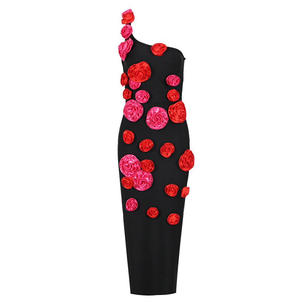 Fashion Shoulder Belt Flowers Bandage One-piece Dress Women