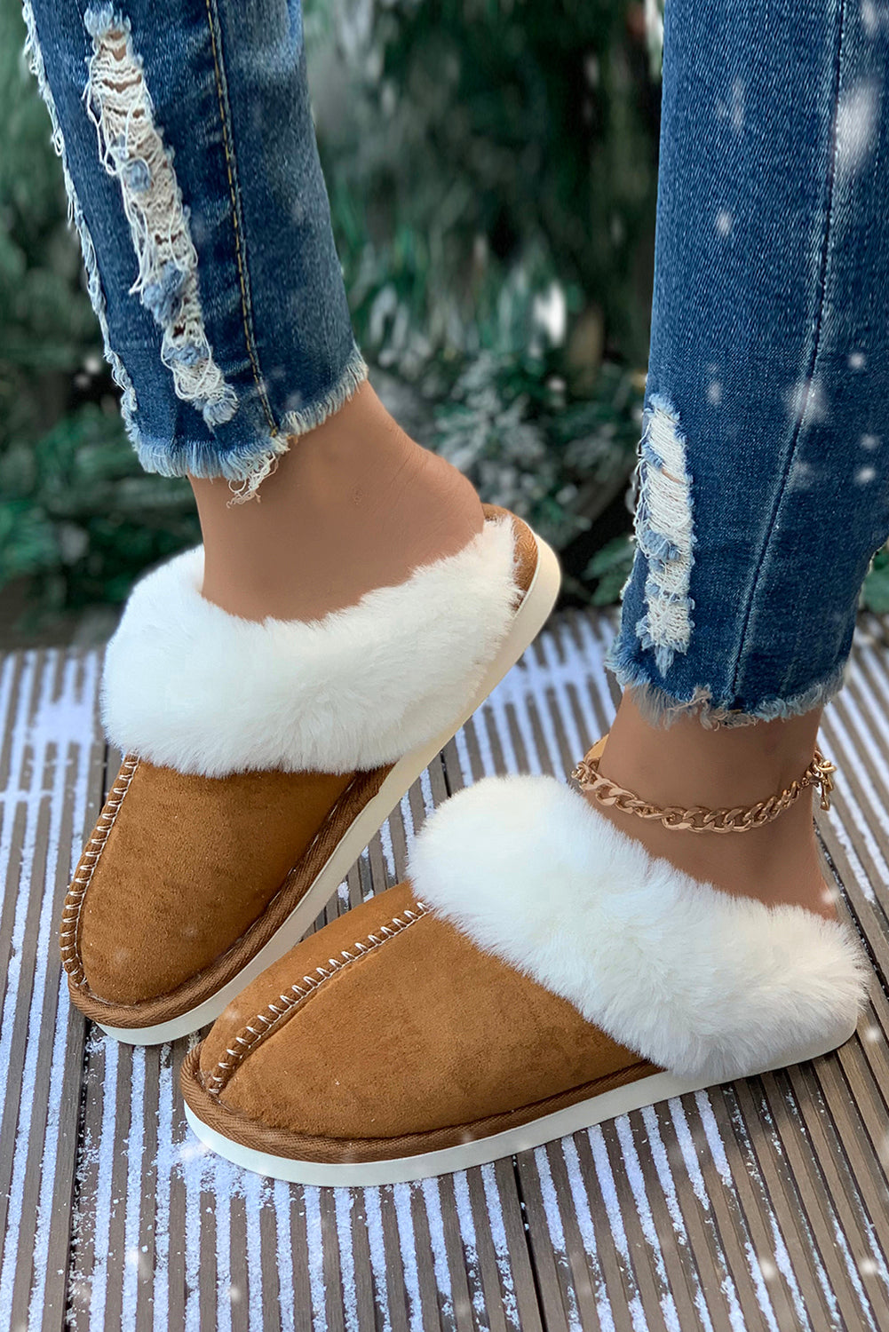 Camel Plush Suede Winter Home Slippers