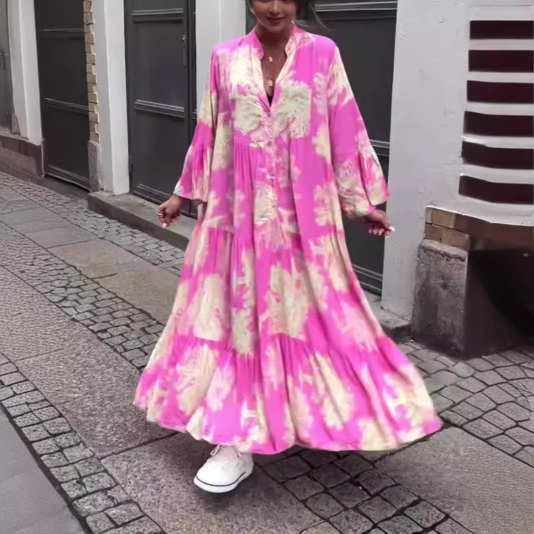 Robe ample à manches longues et à fleurs pour femme