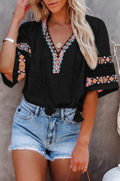 Black Boho Tassel Drawstring Cut Out Embroidered Blouse