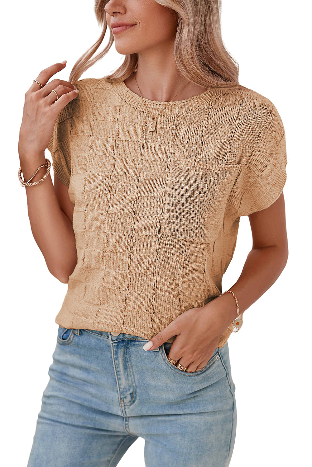 Blusa holgada con bolsillo en el pecho de punto con textura de celosía rosa brillante