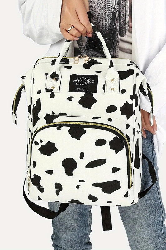 Sac à dos en toile multi-poches à imprimé tache de vache blanche