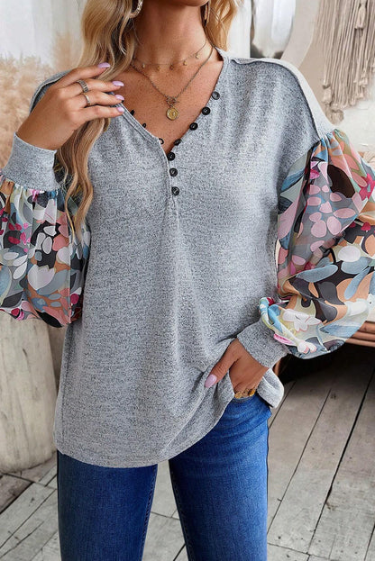 Gray Floral Lantern Sleeve Patchwork Buttoned V Neck Top