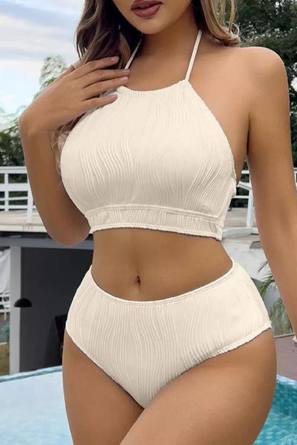 Beige Way Textured Halter Backless Bikini Set