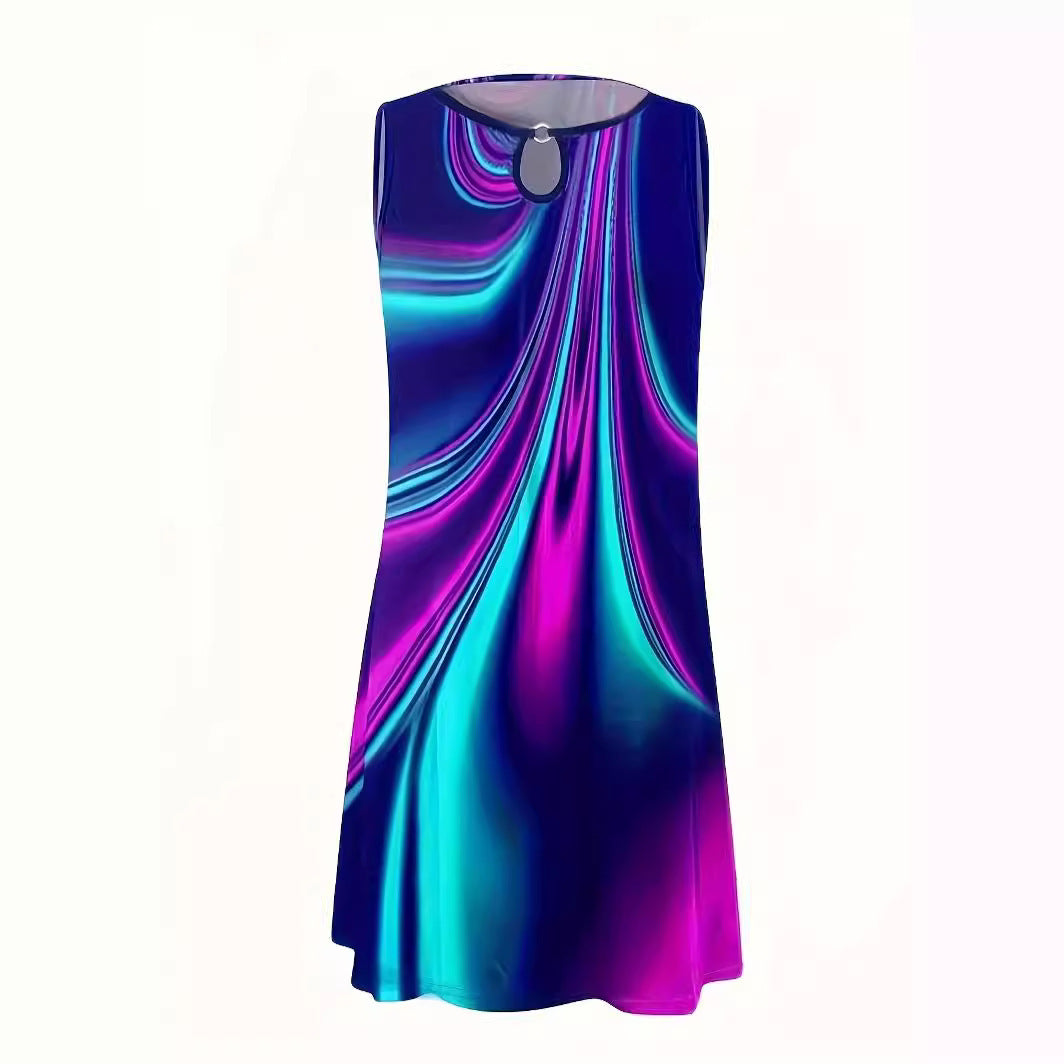 Temperament Commute Digital Printing Laser Metal Decorative Sleeveless Dress