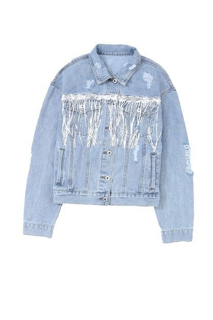 Veste en jean effet vieilli à franges ornées de sequins bleu ciel