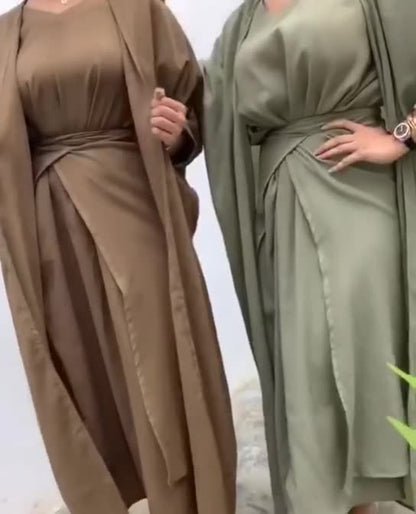 Muslim Women's Wear Gown Cardigan Robe Solid Color Three-piece Set