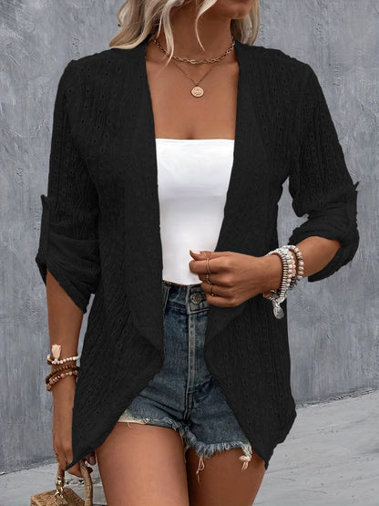 Eyelet Roll-Tab Sleeve Cardigan