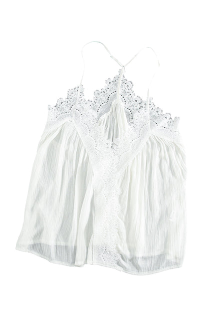 White Lace Splicing Ruffled V Neck Cami Top