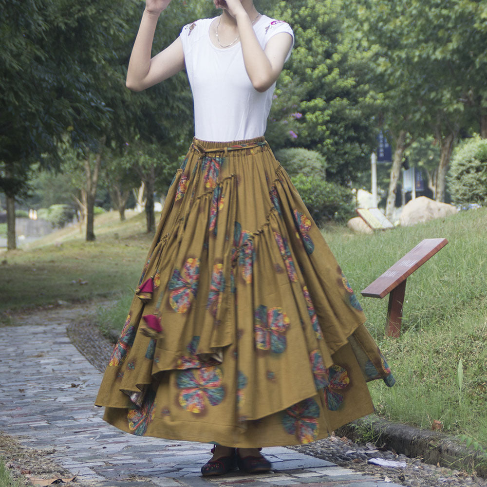 Falda estampada de algodón y lino de mujer de estilo étnico