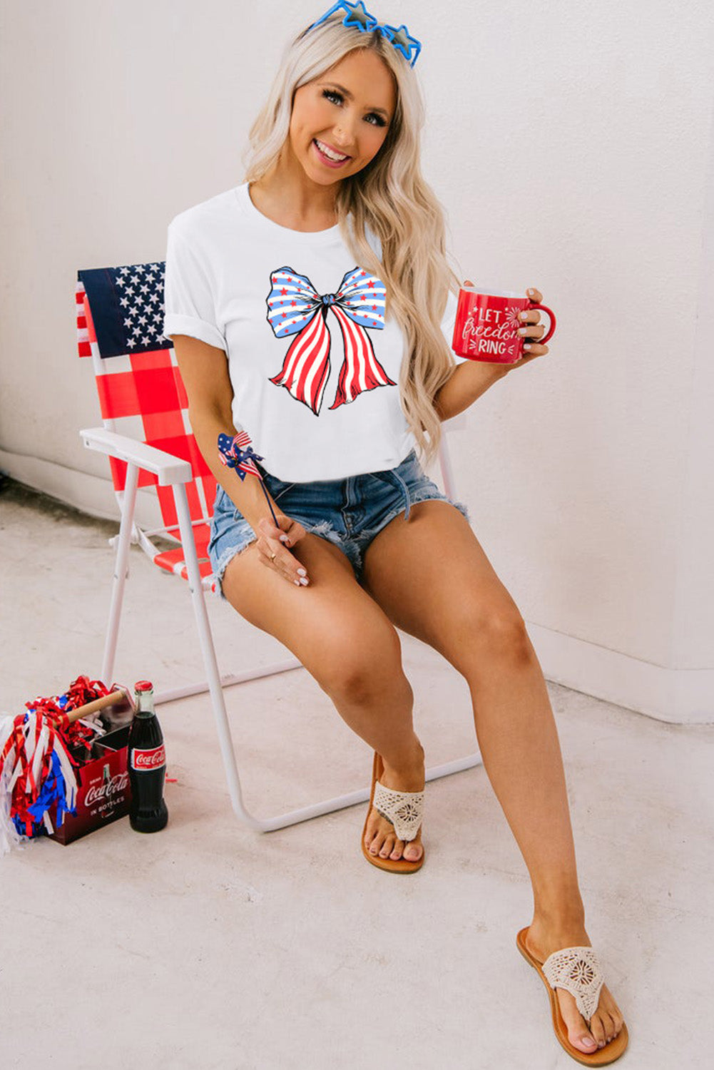 White Stripes and Stars Bowknot Graphic T Shirt