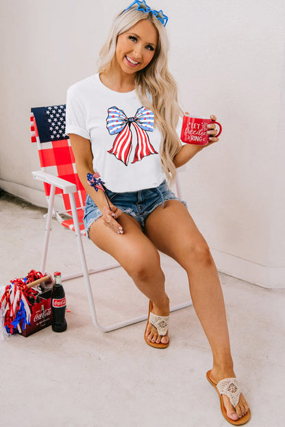 White Stripes and Stars Bowknot Graphic T Shirt