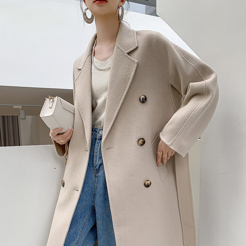 Women's Fashionable And Versatile Wool Suit Collar Reversible Tweed Coat