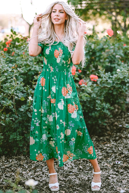 Vestido midi con estampado floral y manga de burbuja fruncido con gradas verde