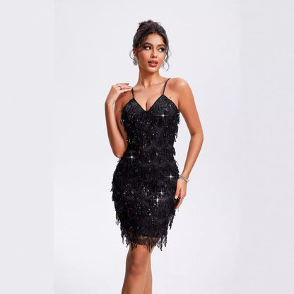 Robe de soirée à paillettes et pompons sans manches à col en V