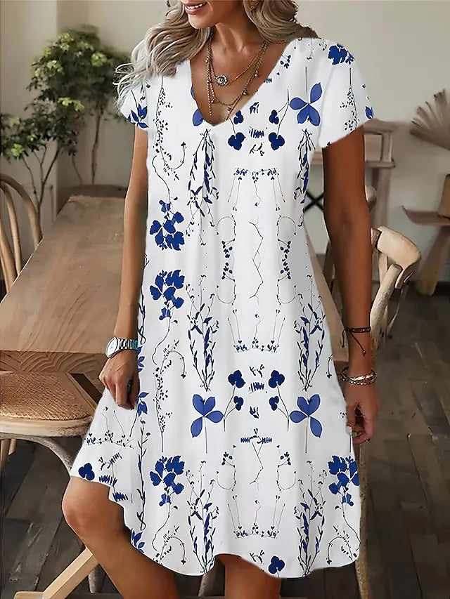 Floral 3D Printed V-neck Short Sleeve Dress