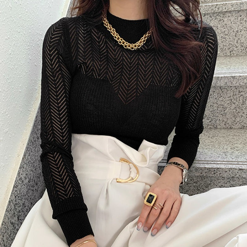 Elegant Half Turtleneck Hollow-out Slim Sweater