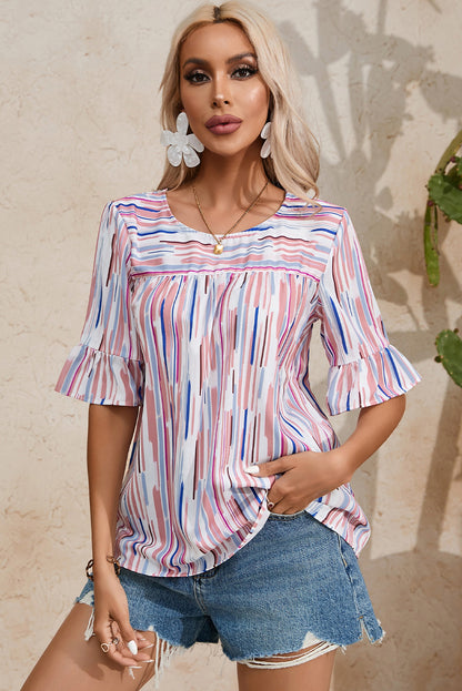 Blusa de media manga a rayas multicolor blanca