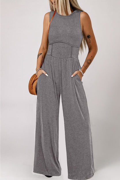 Black Cinched Waist Sleeveless Wide Leg Jumpsuit