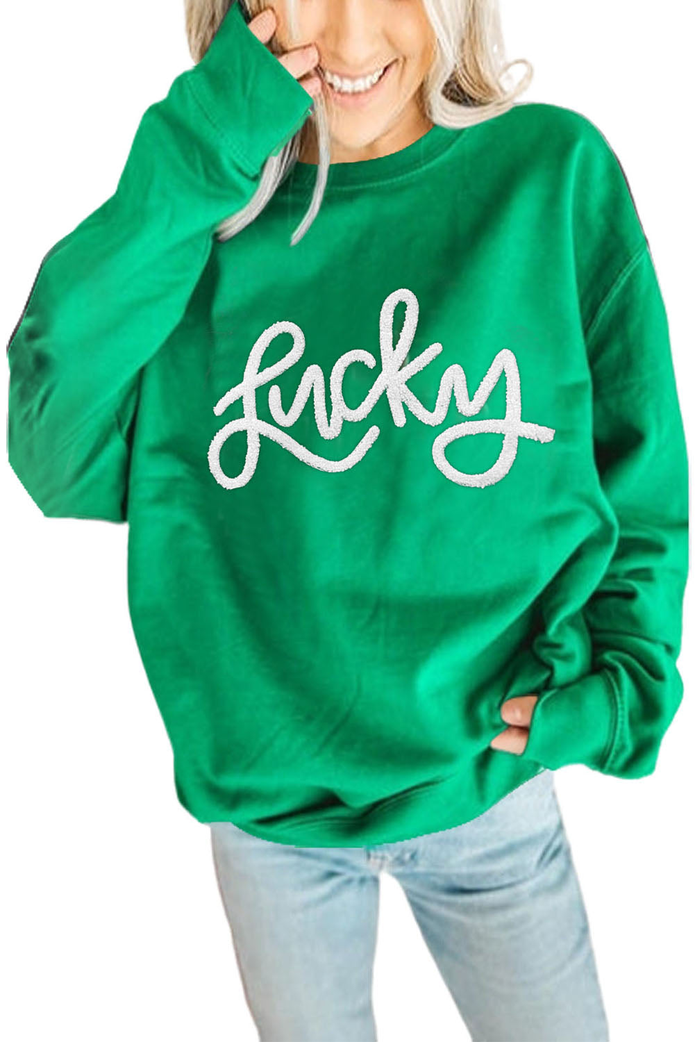 Sudadera verde con bordado de chenilla LUCKY Aphabet