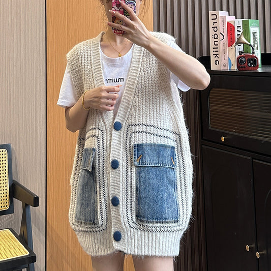 Denim Patchwork Knitting Vest Coat Women