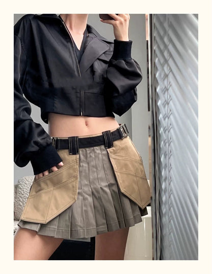 Functional Workwear Style Girl Army Green Low Waist Pleated Skirt