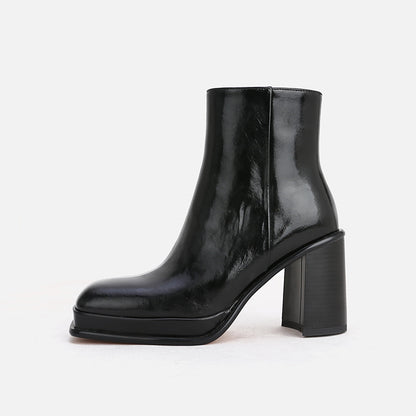 Thick-heeled Ankle Boots Leather Square Toe Thick Sole Waterproof Increased