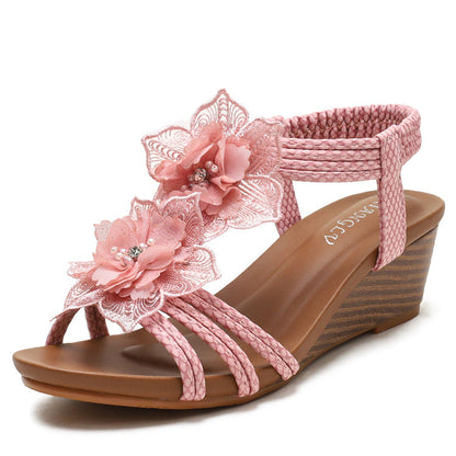 Sandalias de vacaciones con flores retro bohemias romanas con cuña