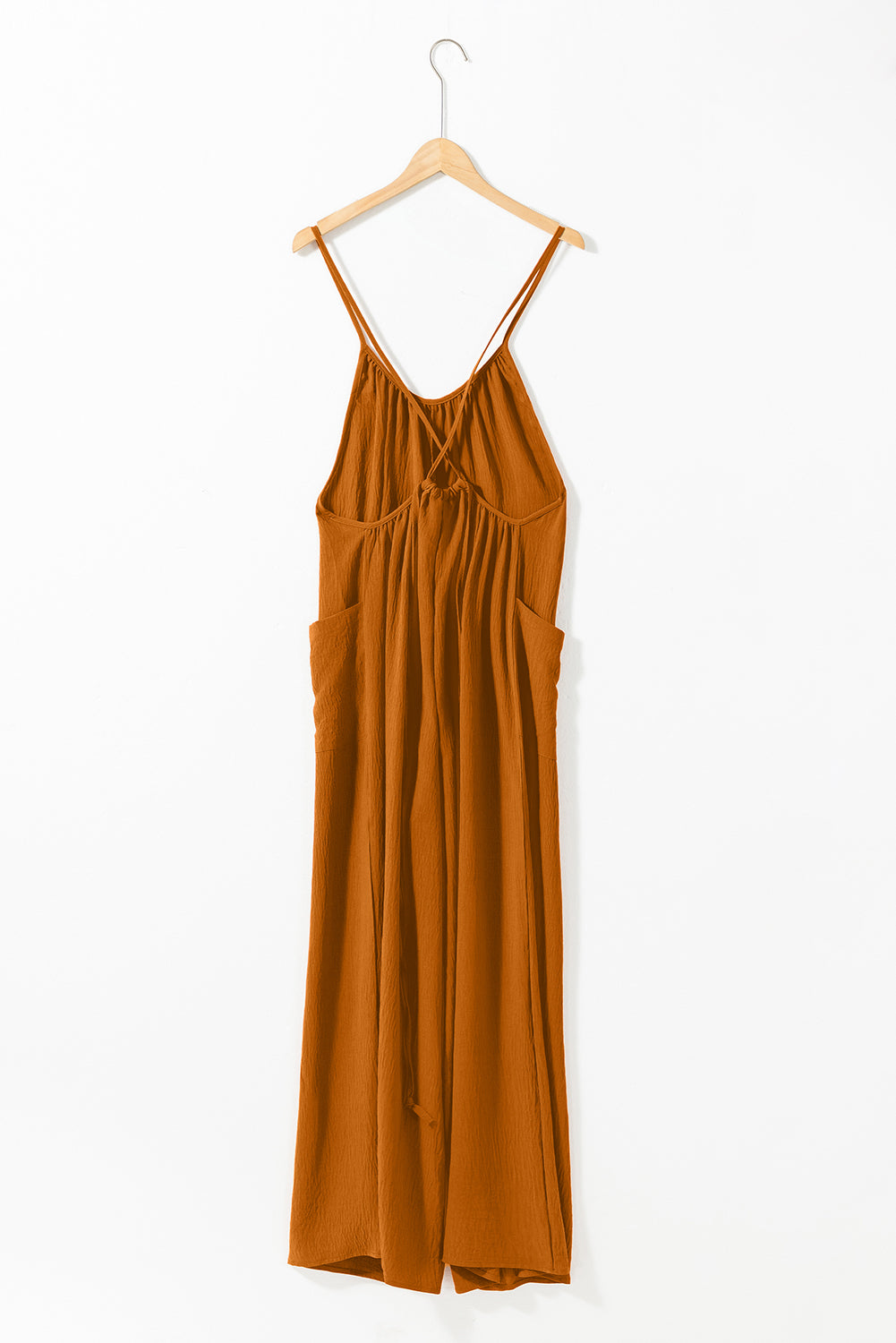 Apricot Spaghetti Straps Waist Tie Pocketed Wide Leg Jumpsuit