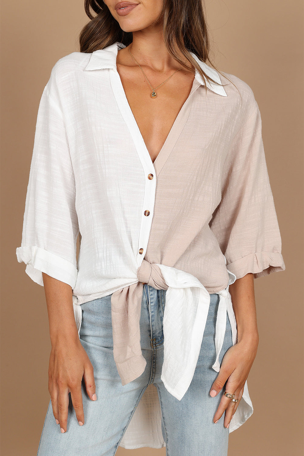 White V Neck Collared Curved Hem Contrast Colorblock Shirt